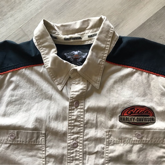 Mens Spellout Harley Davidson Mechanic Short Sleeve Button Up Navy/Tan 2XL - Picture 2 of 9